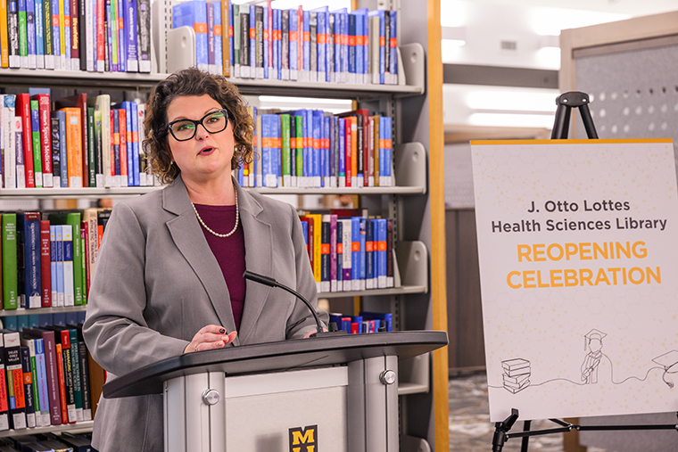 University Librarian Kara Whatley welcomes attendees to the official reopening of the J. Otto Lottes Health Sciences Library.