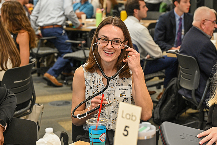 New M1 student, Emma Sinek, received her first stethoscope at the 2024 Stethoscope Breakfast inside the Patient-Centered Care Learning Center.