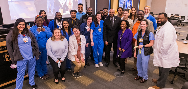 Jerome Adams visits with leaders and students at the University of Missouri School of Medicine