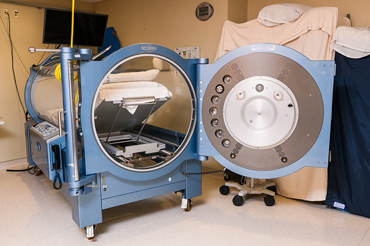  The HBOT is a pressurized cylinder with a locking door.