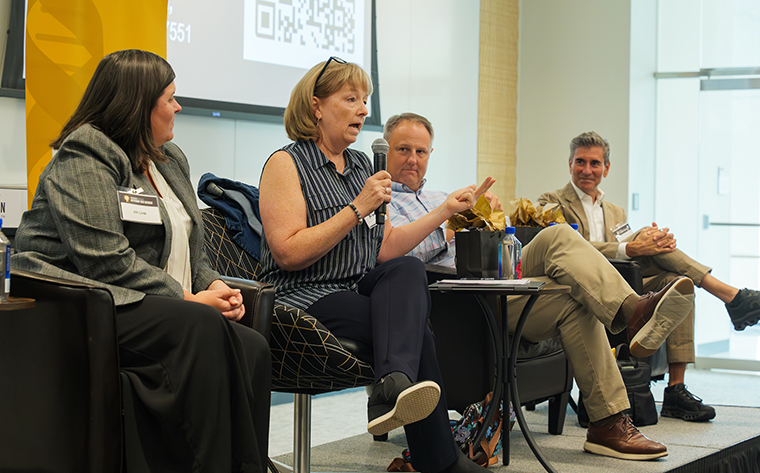 The career panel featured, from left to right, Jill Link, partner and patent attorney at McKee, Voorhees & Sease, PLC; Kim Lamb, independent consultant and former Vice President of Strategic Alliances and Operations at Amathus Therapeutics, Inc.; Michael Dixon, President and Chief Executive Officer of UNeMed Corporation; and Dr. Japour. They answered questions and discussed how they entered their respective fields. Not pictured is moderator Lisa Lorenzen, a consultant with Lorenzen Consulere.