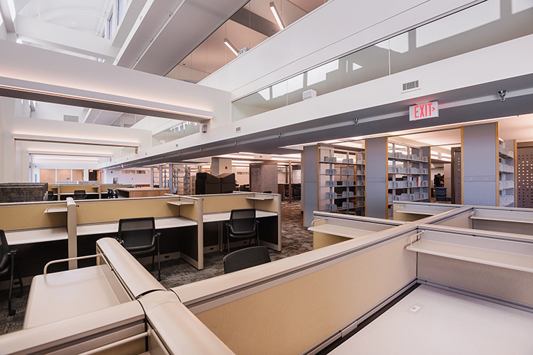 This is a photo of the newly renovated J. Otto Lottes Health Sciences Library, which opened Nov. 1 and features improved spaces for student study and collaboration.