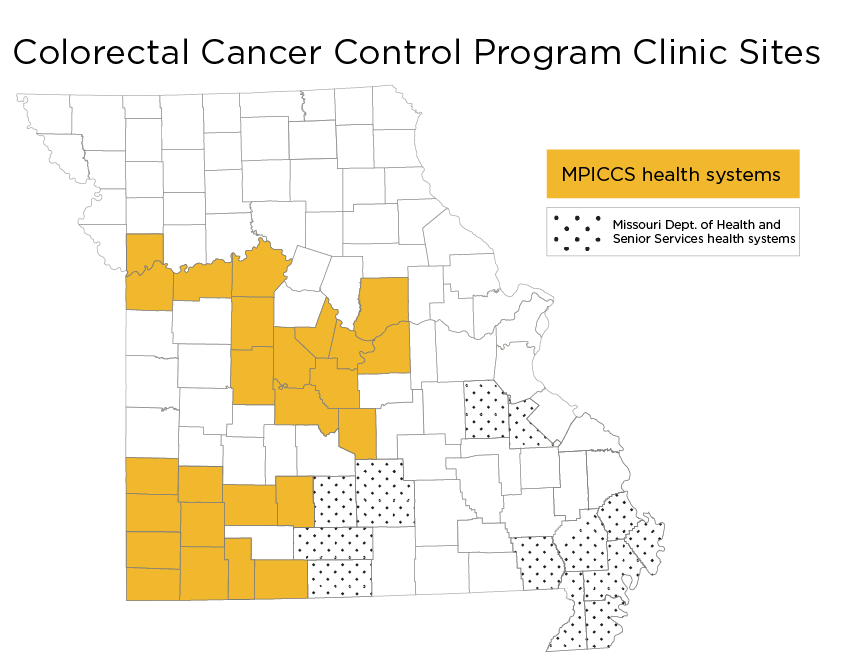 Map of Missouri with highlighted counties showing locations of colorectal cancer program sites. 