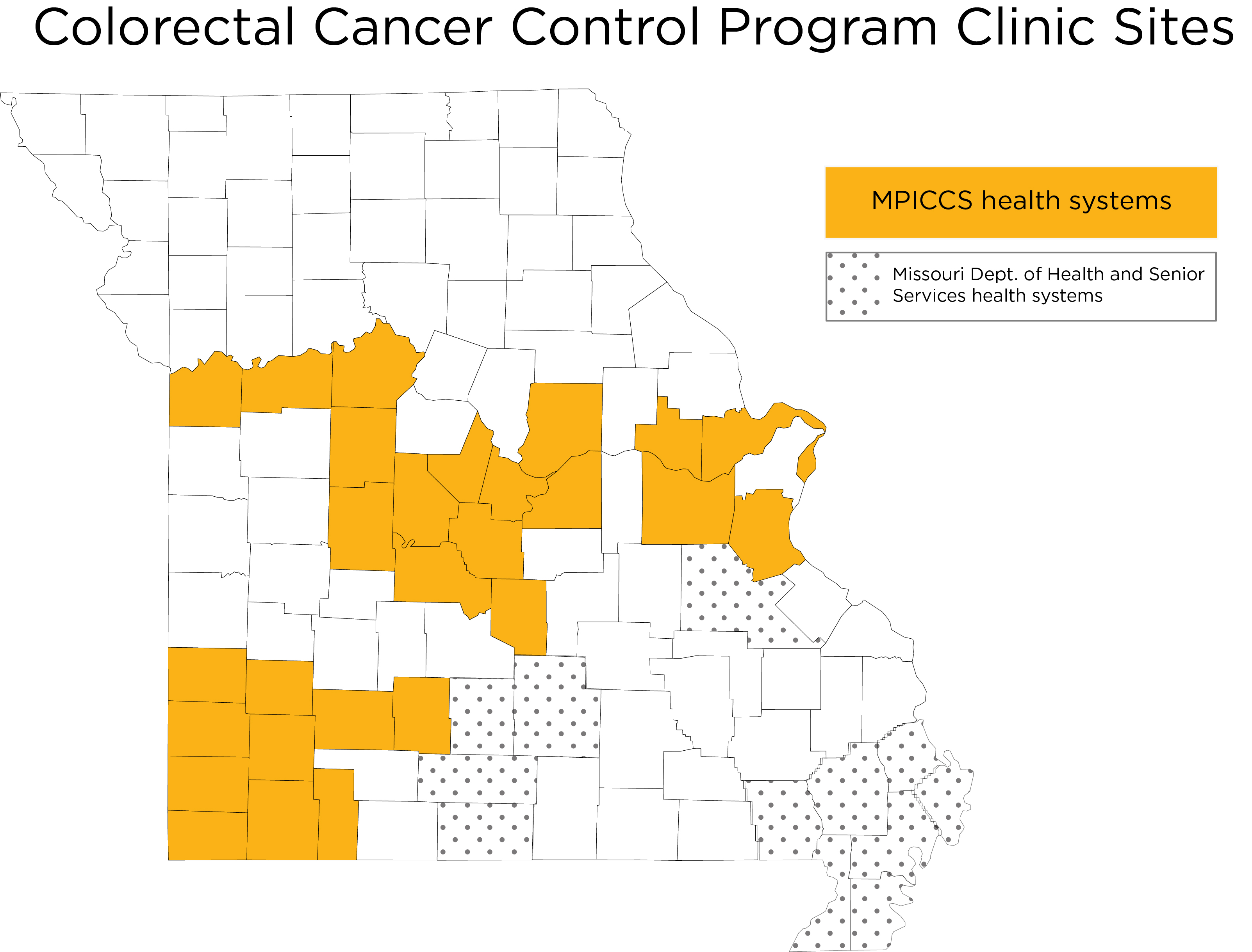 Map of Missouri with highlighted counties showing locations of colorectal cancer program sites. 
