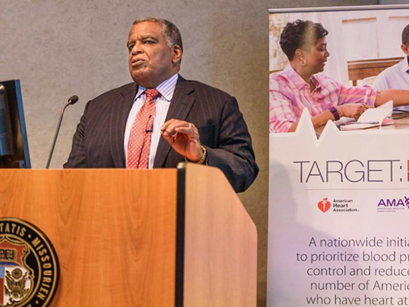 Hypertension expert Keith Ferdinand, MD, speaks in Acuff Auditorium about the new national guidelines lowering the threshold for the diagnosis of high blood pressure.