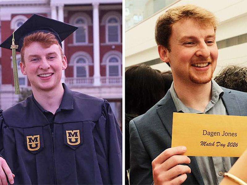 Dagen Jones at the 2022 College of Health Sciences commencement (left) and at the School of Medicine Match Day earlier this spring (right).